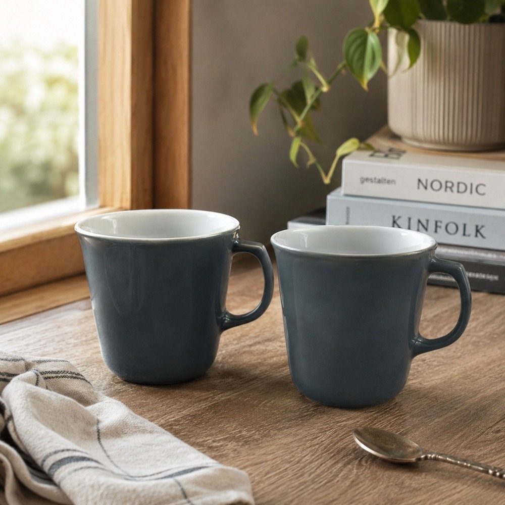 PYREX Slate Blue Vintage Milk Glass Coffee Mugs "D" Handle Cornflower Set x2